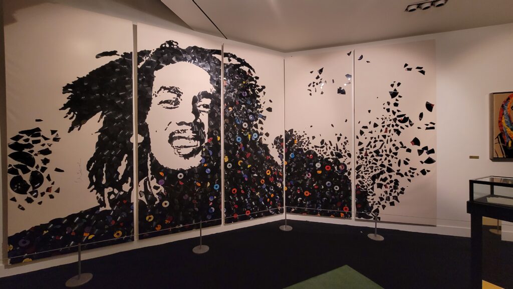 bob marley mural made of records